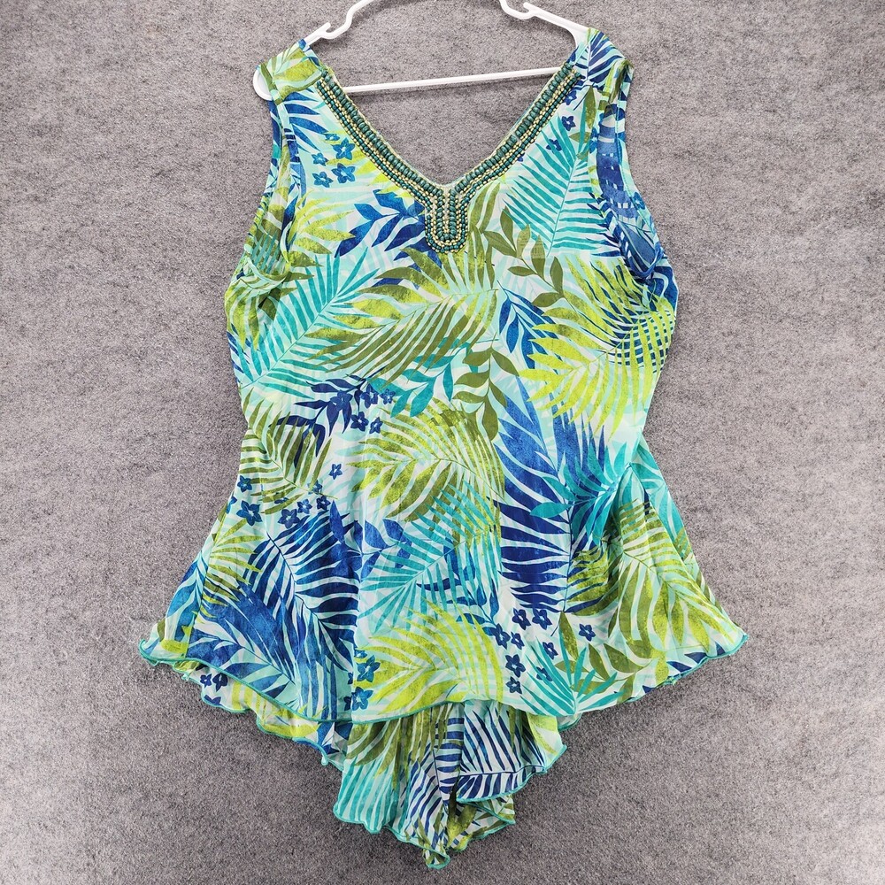 Ashley Stewart Shirt Womens 14/16 Sleeveless V Neck Green Floral